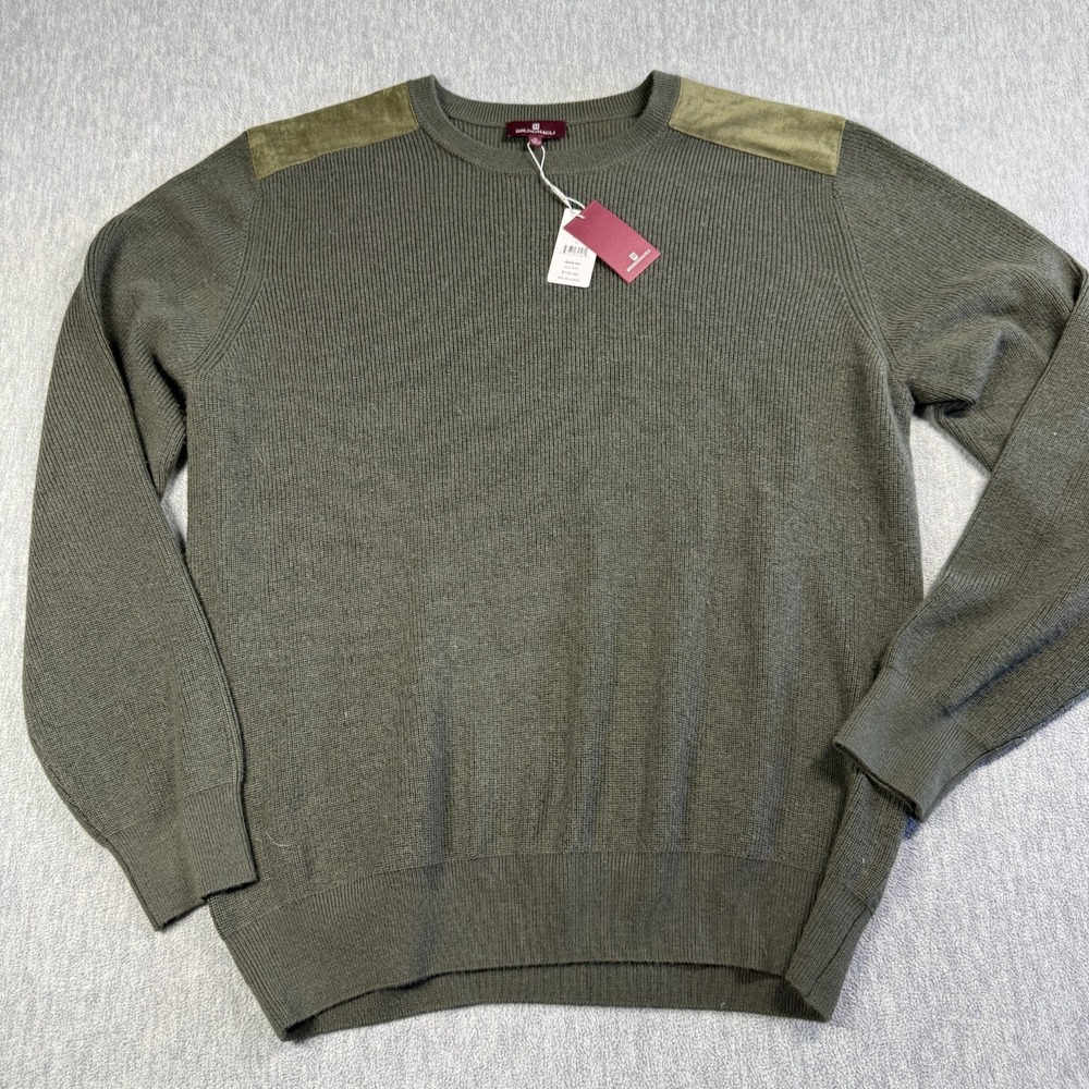 Bruno Magli Sweater Mens XL Green Ribbed Knit Crewneck Leather Shoulder Accent